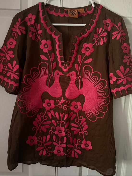 Tory Burch Tops - Tory Burch Brown Tunic with Hot Pink Embroidered Peacocks